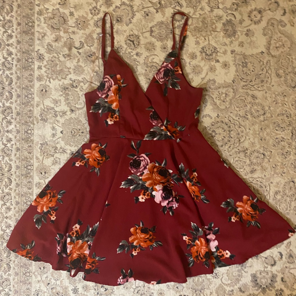 UK2LA Deep Red Dress with Floral Accents